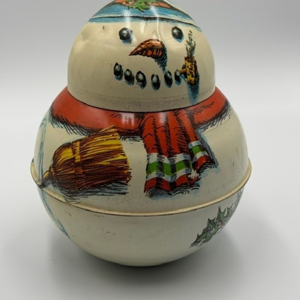 Vintage 1981 Cheinco Snowman Metal Tin Canister Christmas Decor Made in USA